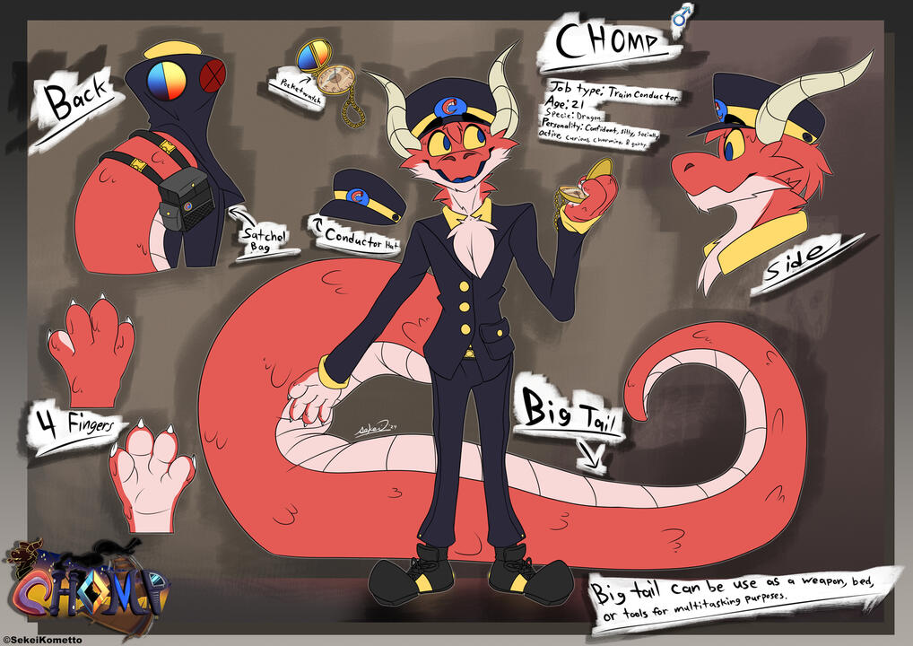 A red fluffy dragon who is a train conductor, he is slim and has a very large tail. He has his own pocketwatch, conductor hat, and his satchel bag.